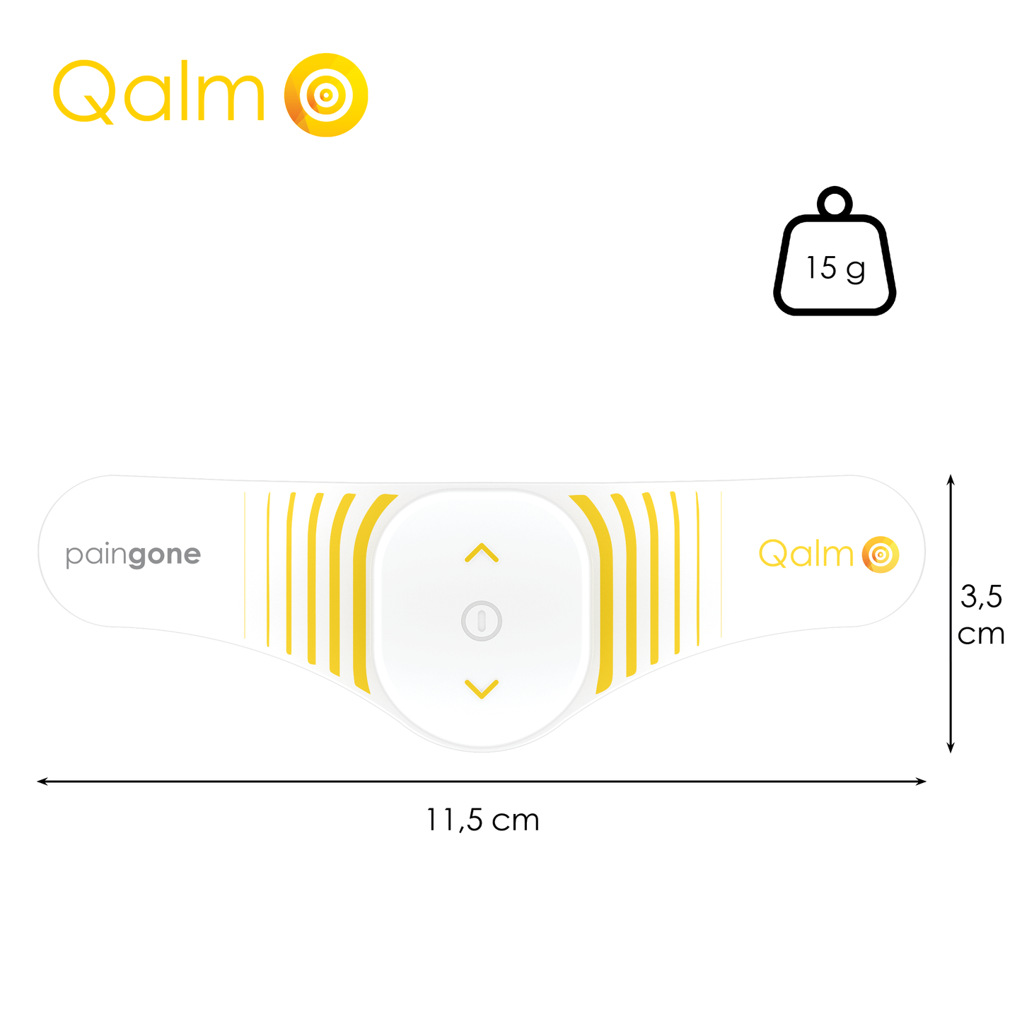 Taille de l'appareil Paingone Qalm: 3,5 cm en hauteur, 11,5 cm en longeur and 15 grammes en poids