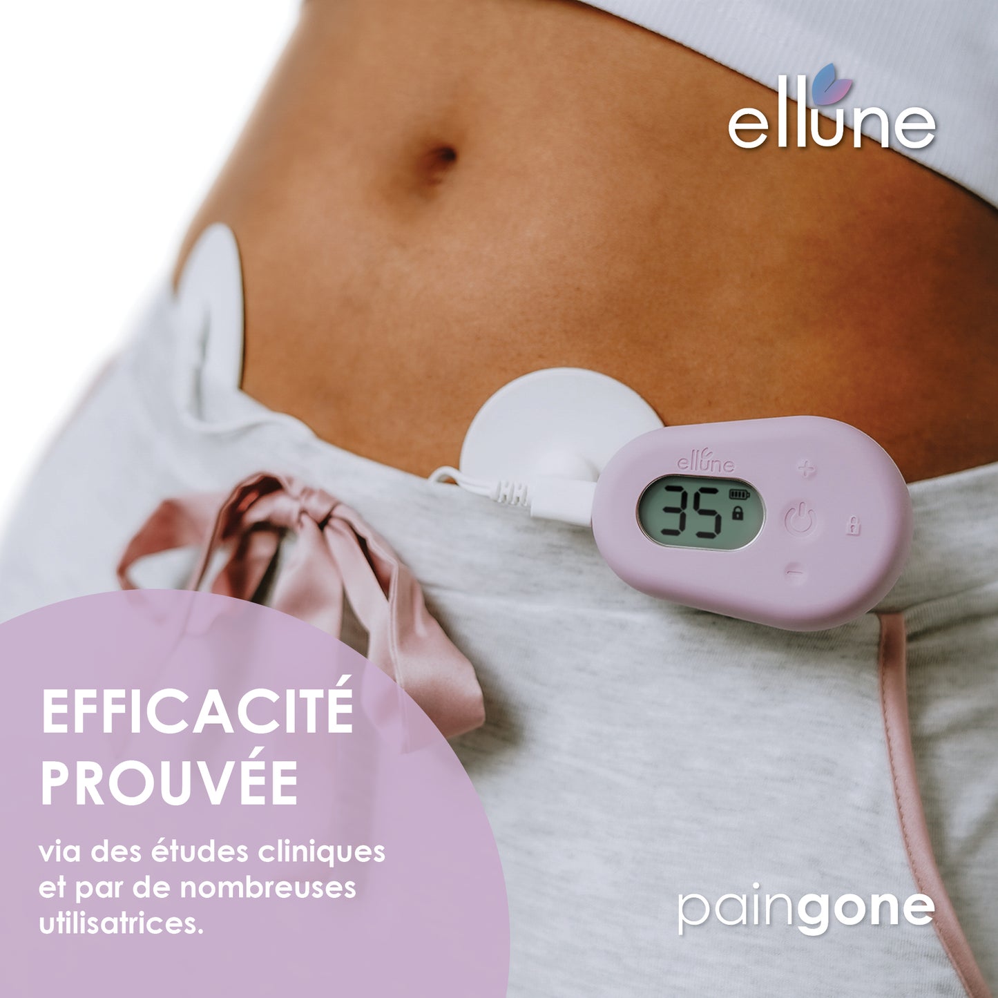 Ellune Lite utilisé sur l'abdomen avec le message "Efficacité prouvée"