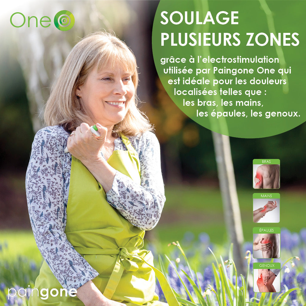 Femme utilisant le stylo Paingone One sur l'épaule. Texte: "Soulage plusieurs zones"