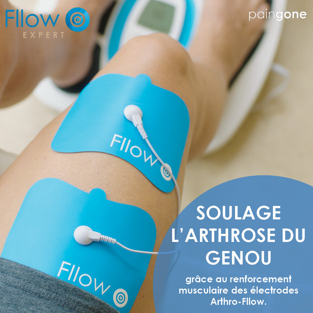 Coussinets Arthro-Fllow sur la cuisse, au-dessus du genou. Texte: "Soulage l'arthrose du genou"