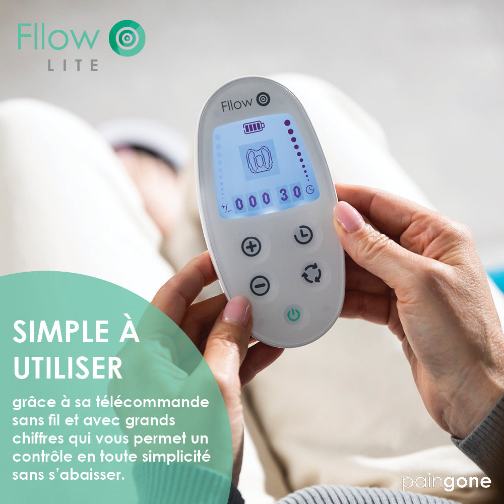 Gros plan de la télécommande de Paingone Fllow Lite. Texte: "Simple à utiliser"