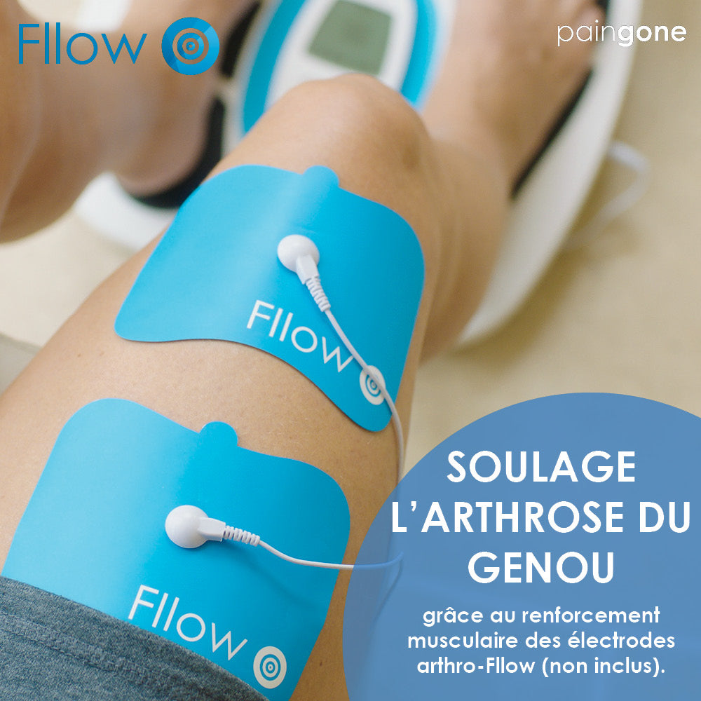 Coussinets Arthro-Fllow sur la cuisse, au-dessus du genou. Texte: "Soulage l'arthrose du genou"
