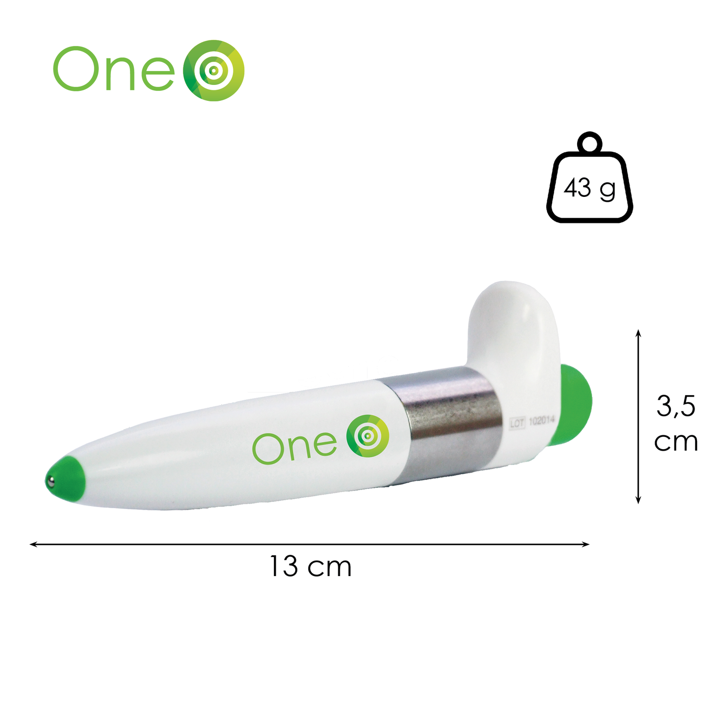 Taille de le stylo Paingone One: 3.5 cm en hauteur, 13 cme en longeur et 43 grammes en poids