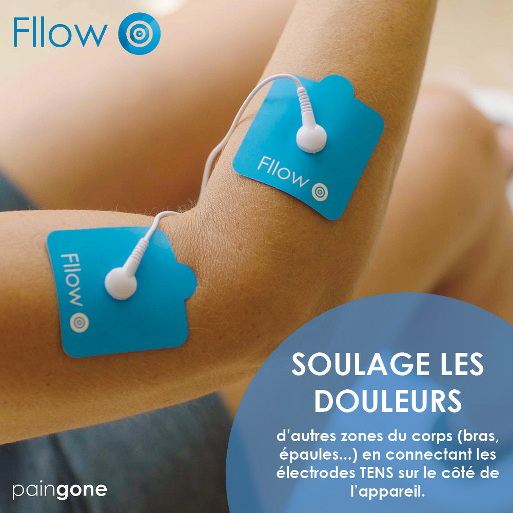 Coussinets TENS Paingone sur un bras avec le texte "Soulage les douleurs"
