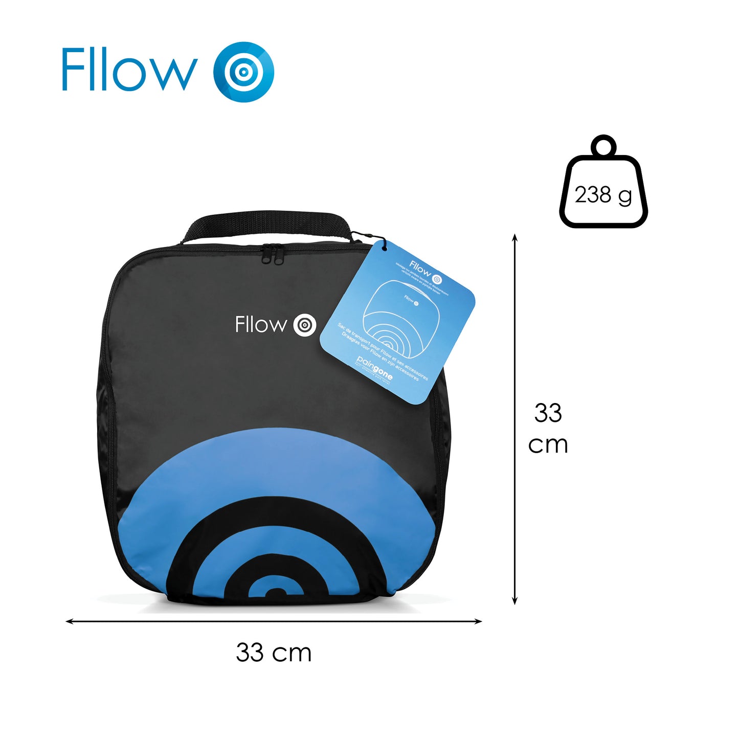 Le sac de transport Paingone Fllow mesure 33 cm de hauteur et de longueur et pèse 238 grammes
