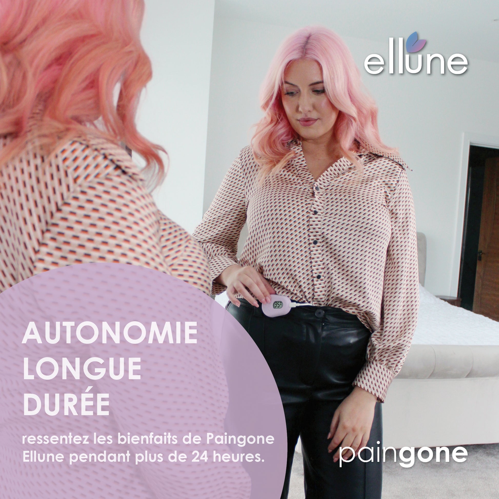 Femme aux cheveux roses allumant l’appareil Ellune Lite devant le miroir. Texte: "Autonomie longue durée"