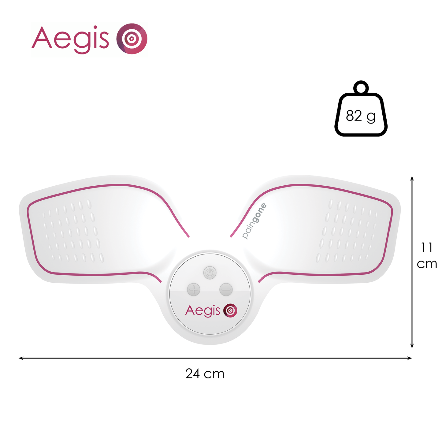 Paingone Aegis mesure 11 cm de hauteur et 24 cm de longueur et pèse 82 grammes