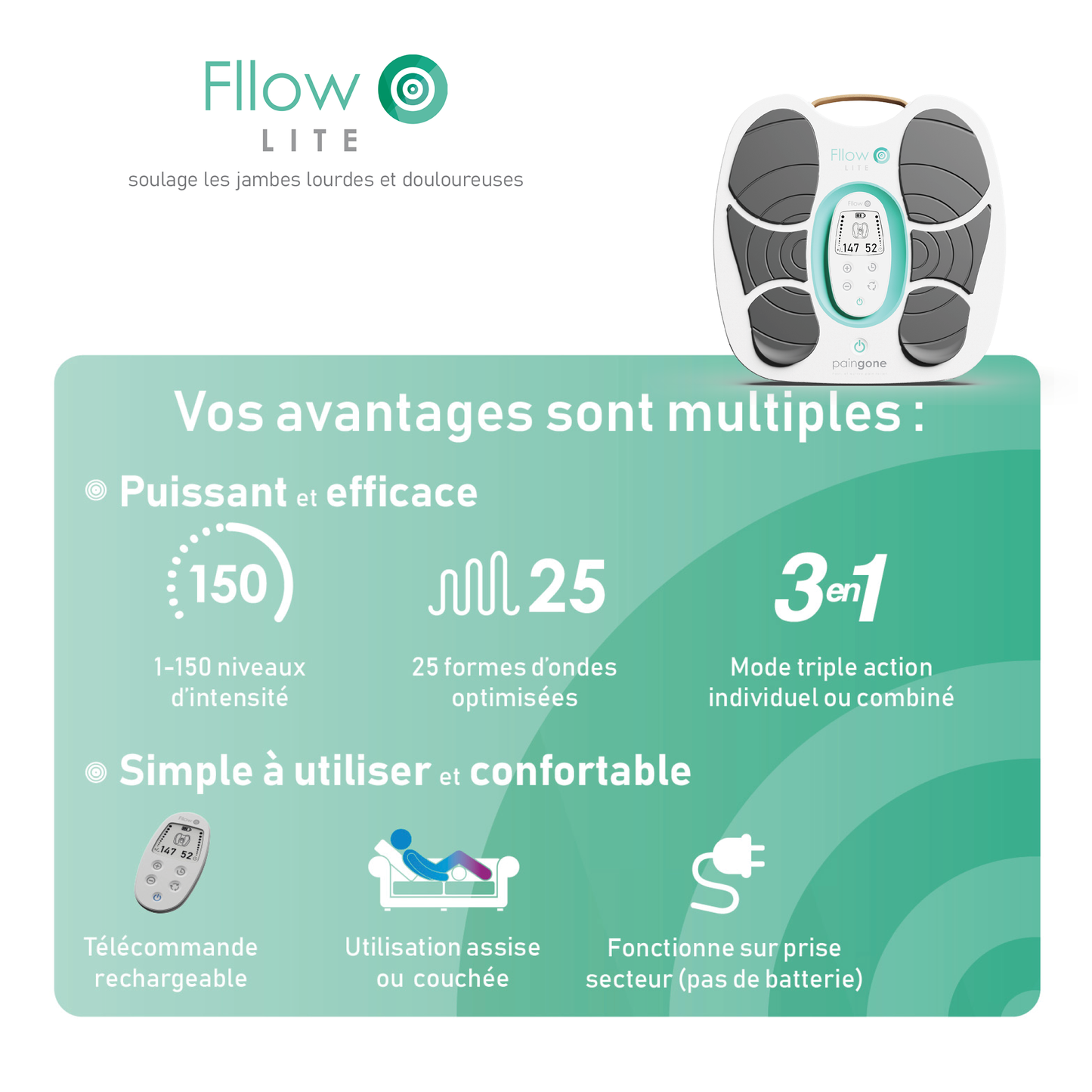 Illustration avec un table des avantages de Paingone Fllow Lite