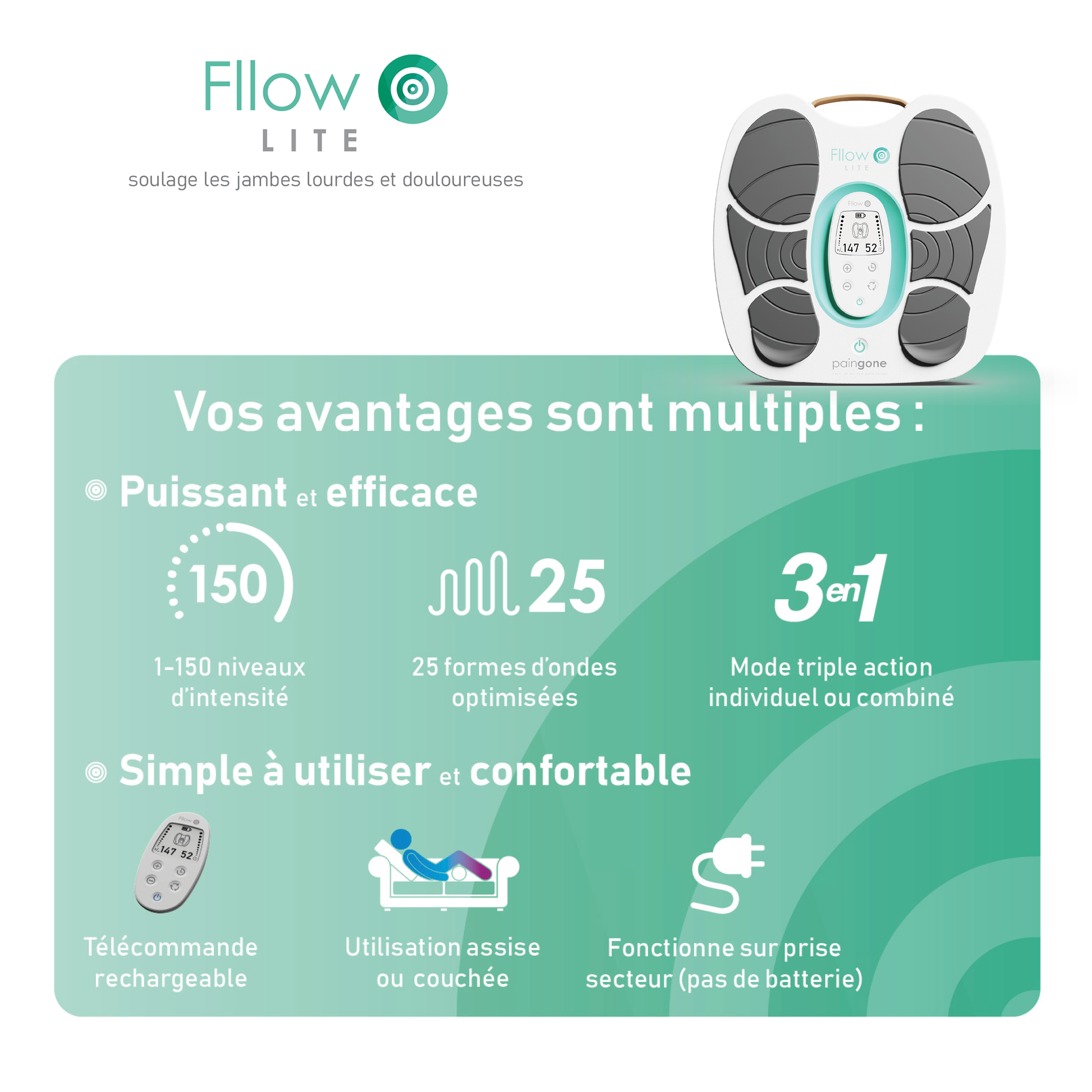 Illustration avec un table des avantages de Paingone Fllow Lite