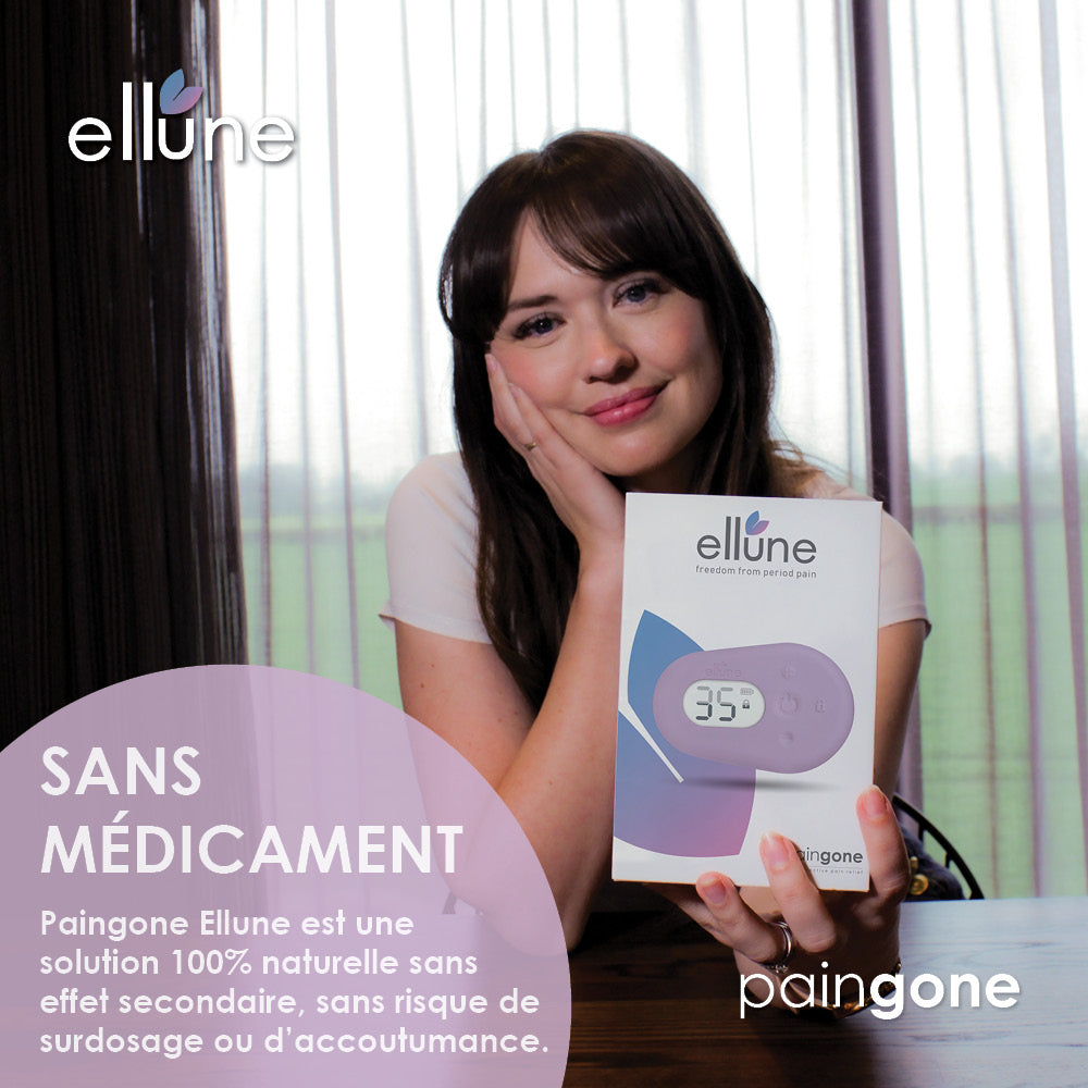 Femme aux cheveux bruns souriant en présentant la boîte de l’appareil Ellune. Texte: "Sans médicament"