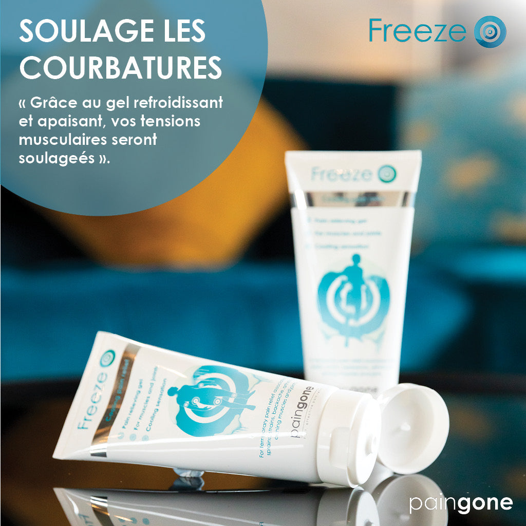 Deux tubes de Paingone Freeze. Texte: "Soulage les courbatures"