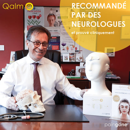 Médecin dans son bureau recommandant l'appareil Paingone Qalm. Texte: "Recommandé par des neurologues"