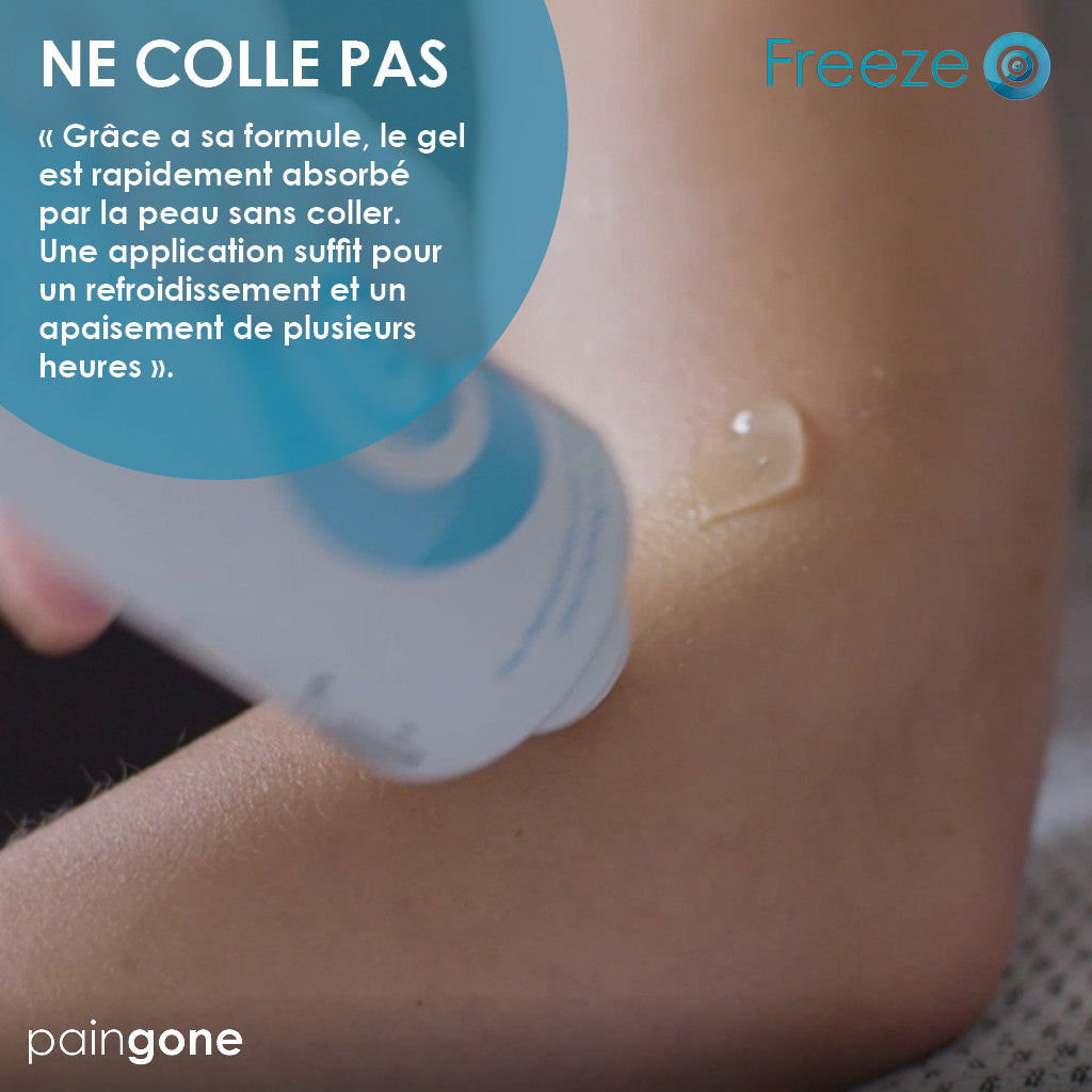 Personne appliquant le Paingone Freeze gel sur le bras. Texte: "Ne colle pas"