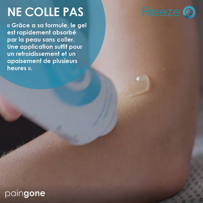 Personne appliquant le Paingone Freeze gel sur le bras. Texte: "Ne colle pas"