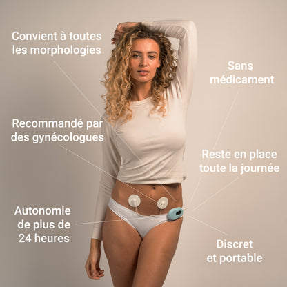 Femme aux cheveux bouclés posant avec l'appareil Ellune. Texte: "Convient à toutes les morphologies. Sans médicament. Recommandé par de gynécologues. Reste en place toute la journée. Autonomie de plus de 24 heures. Discret et portable"