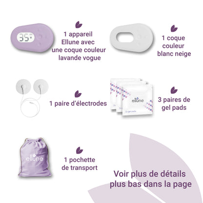 Image du contenu de l'emballage Ellune: 1 appareil Ellune avec une coque couleur lavange, 1 coque couleur blans neige, 1 paire d'électrodes, 3 paires de gel pads, 1 pochette de transport. Voir plus de détails plus bas dans la page."